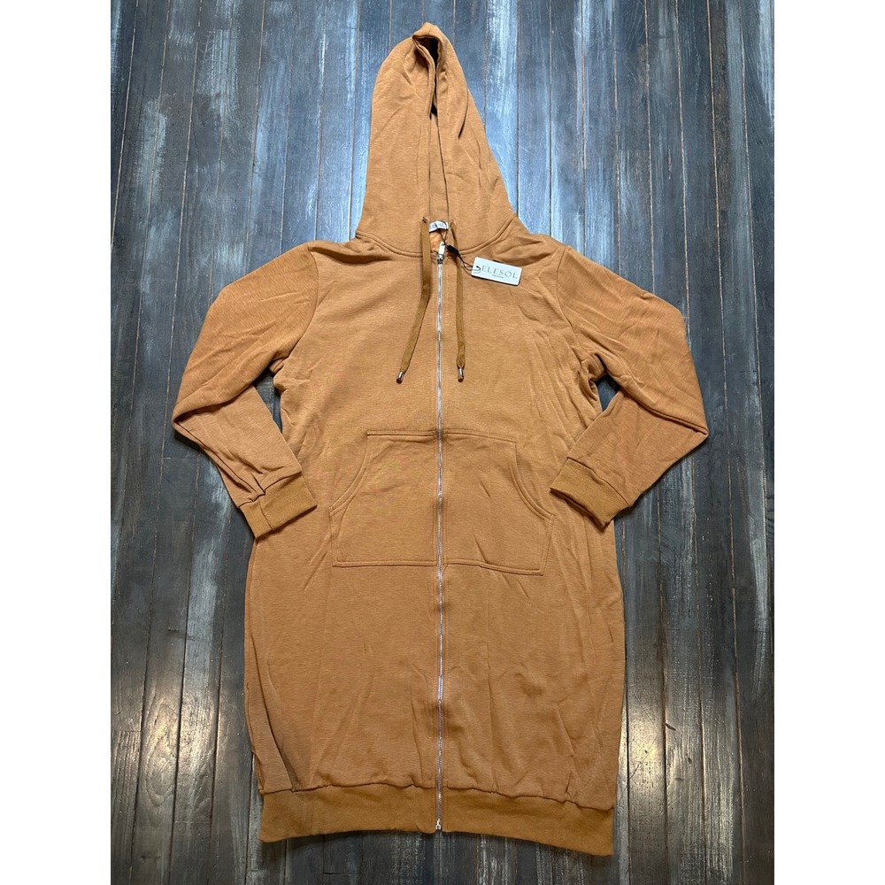 Elesol Womens XL Camel Brown Full Zip Longline Hoodie Dress Kangaroo Pocket NWT